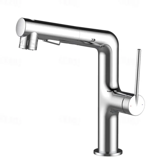 Bathroom Sink Faucet with Pull Out Spray,Brass 3-modes Electroplated / Painted Finishes Centerset Single Handle One Hole Lavatory Rotating Spout for Cold and Hot Water Bath Taps