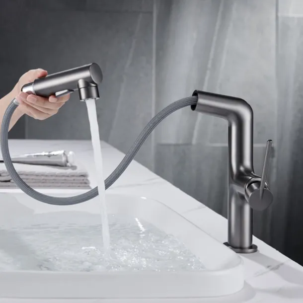 Bathroom Sink Faucet with Pull Out Spray,Brass 3-modes Electroplated / Painted Finishes Centerset Single Handle One Hole Lavatory Rotating Spout for Cold and Hot Water Bath Taps