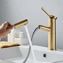 Bathroom Sink Faucet with Pull-out Spray,Brushed Gold Single Handle One Hole Brass Faucet Spout With Hot and Cold Water