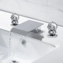 Bathroom Sink Faucet with Two Crystal Knob Handles Waterfall Matte Black/Chrome Deck Mounted Widespread 3 Holes Bathroom Faucets for Bathtub or Sink