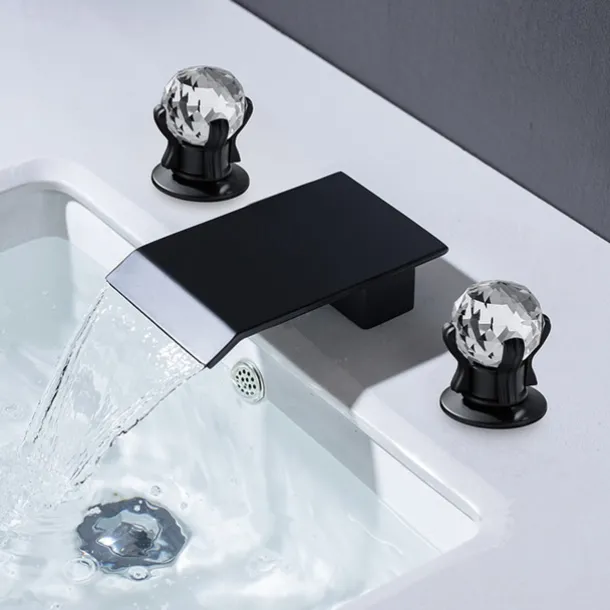 Bathroom Sink Faucet with Two Crystal Knob Handles Waterfall Matte Black/Chrome Deck Mounted Widespread 3 Holes Bathroom Faucets for Bathtub or Sink