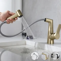 Bathroom Sink Faucet with Pull Out Spray,Brass Liftable 3-modes Electroplated / Painted Finishes Centerset Single Handle One Hole Lavatory Rotating Spout for Cold and Hot Water Bath Taps