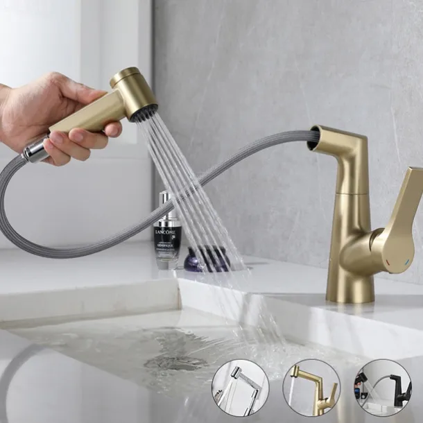 Bathroom Sink Faucet with Pull Out Spray,Brass Liftable 3-modes Electroplated / Painted Finishes Centerset Single Handle One Hole Lavatory Rotating Spout for Cold and Hot Water Bath Taps
