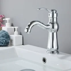 Bathroom Sink Faucet,Brass Contemporary Style Single Handle One Hole Bath Tap with Hot and Cold Switch