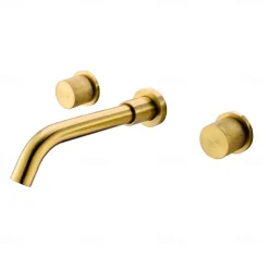 Bathroom Sink Faucet,Brass Wall Mounted Double Handles Nickel Brushed Luxury Design Brushed Gold Finish Widespread Washroom Faucet with Hot and Cold Switch