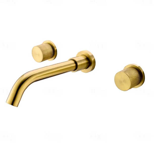 Bathroom Sink Faucet,Brass Wall Mounted Double Handles Nickel Brushed Luxury Design Brushed Gold Finish Widespread Washroom Faucet with Hot and Cold Switch