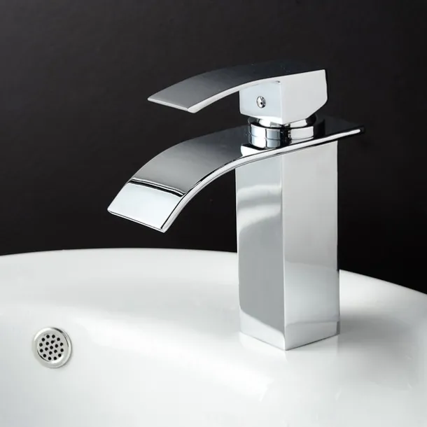 Bathroom Sink Faucet,Brass Single Handle One Hole Silvery Waterfall Concise Style Chrome Centerset Bath Taps