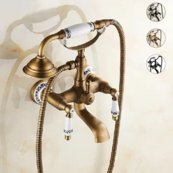 Bathroom Sink Faucet,Brass Telephone Shape Wall Installation Widespread Pull-out Country Style Electroplated Copper Finish Two Handles Bathtub Faucet with Handshower and Drain