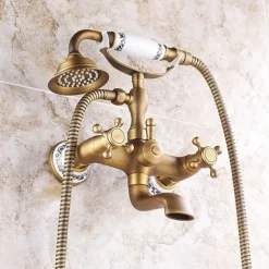 Bathroom Sink Faucet,Brass Telephone Shape Wall Installation Widespread Pull-out Country Style Electroplated Copper Finish Two Handles Bathtub Faucet with Handshower and Drain