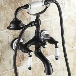 Bathroom Sink Faucet,Brass Telephone Shape Wall Installation Widespread Pull-out Country Style Electroplated Copper Finish Two Handles Bathtub Faucet with Handshower and Drain