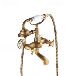 Bathroom Sink Faucet,Brass Telephone Shape Wall Installation Widespread Pull-out Country Style Electroplated Copper Finish Two Handles Bathtub Faucet with Handshower and Drain