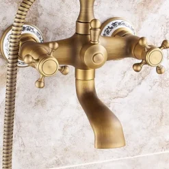 Bathroom Sink Faucet,Brass Telephone Shape Wall Installation Widespread Pull-out Country Style Electroplated Copper Finish Two Handles Bathtub Faucet with Handshower and Drain