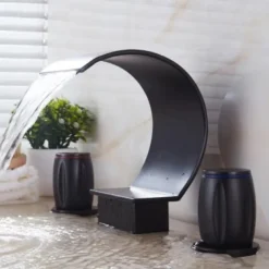 Bathroom Sink Faucet,Elegant Double Handle Arc Waterfall Spout Bathtub Filler Faucet with Three Holes Widespread Bathroom Faucet Gold/Matte Black