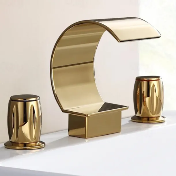 Bathroom Sink Faucet,Elegant Double Handle Arc Waterfall Spout Bathtub Filler Faucet with Three Holes Widespread Bathroom Faucet Gold/Matte Black