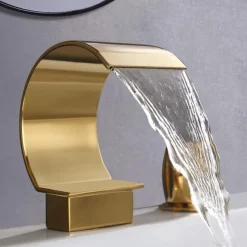 Bathroom Sink Faucet,Elegant Double Handle Arc Waterfall Spout Bathtub Filler Faucet with Three Holes Widespread Bathroom Faucet Gold/Matte Black