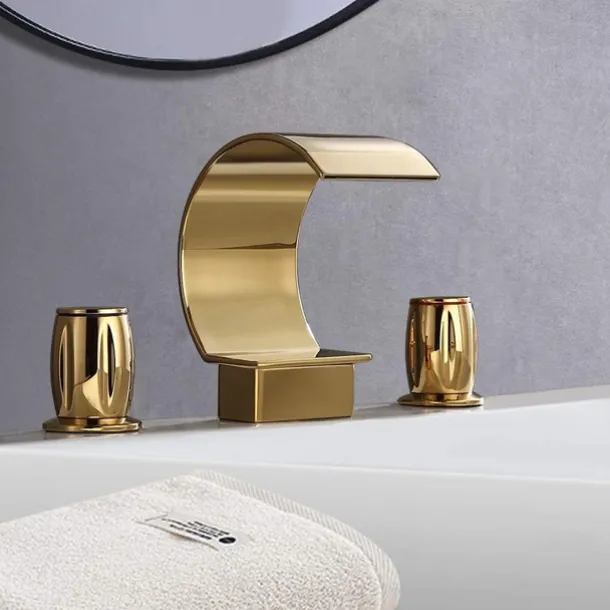 Bathroom Sink Faucet,Elegant Double Handle Arc Waterfall Spout Bathtub Filler Faucet with Three Holes Widespread Bathroom Faucet Gold/Matte Black