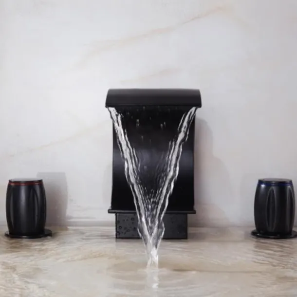 Bathroom Sink Faucet,Elegant Double Handle Arc Waterfall Spout Bathtub Filler Faucet with Three Holes Widespread Bathroom Faucet Gold/Matte Black