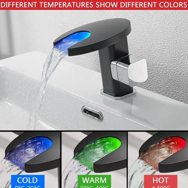 Bathroom Sink Faucet,LED Waterfall Temperature Controlled 3-Colors Electroplated Centerset Single Handle One Hole Bath Taps