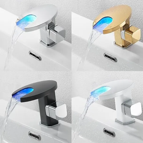 Bathroom Sink Faucet,LED Waterfall Temperature Controlled 3-Colors Electroplated Centerset Single Handle One Hole Bath Taps