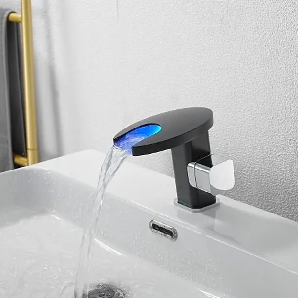 Bathroom Sink Faucet,LED Waterfall Temperature Controlled 3-Colors Electroplated Centerset Single Handle One Hole Bath Taps