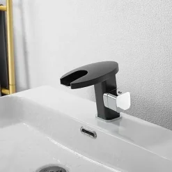 Bathroom Sink Faucet,LED Waterfall Temperature Controlled 3-Colors Electroplated Centerset Single Handle One Hole Bath Taps