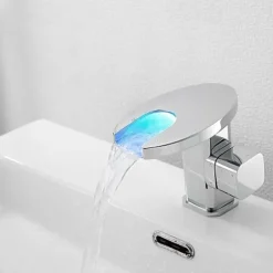 Bathroom Sink Faucet,LED Waterfall Temperature Controlled 3-Colors Electroplated Centerset Single Handle One Hole Bath Taps