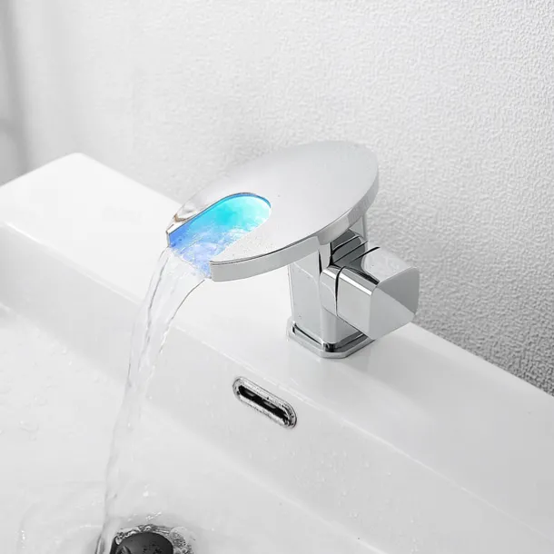 Bathroom Sink Faucet,LED Waterfall Temperature Controlled 3-Colors Electroplated Centerset Single Handle One Hole Bath Taps