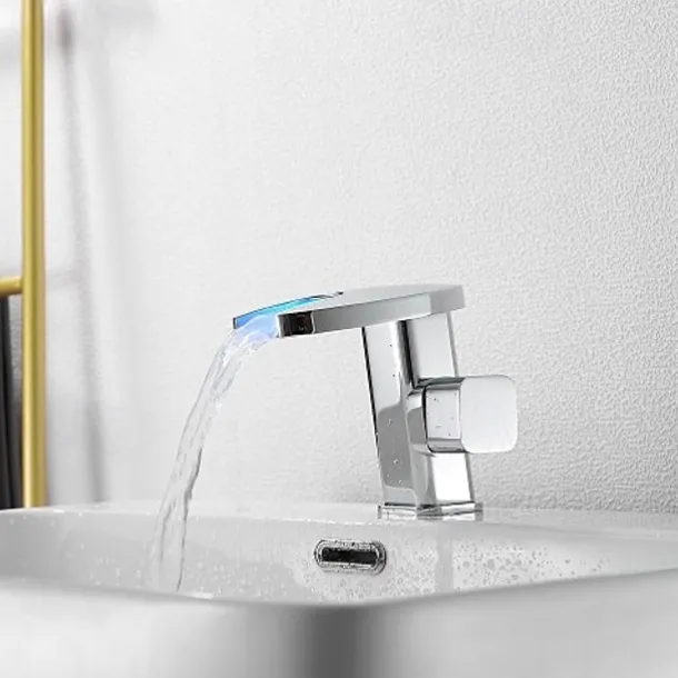 Bathroom Sink Faucet,LED Waterfall Temperature Controlled 3-Colors Electroplated Centerset Single Handle One Hole Bath Taps