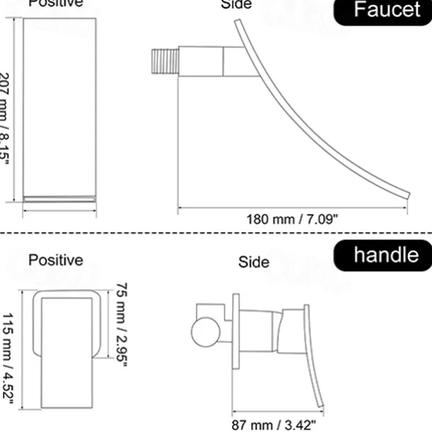 Bathroom Sink Faucet,Modern Style Stainless Steel Slide Shape Design Wall Mount Waterfall Chrome Single Handle Two Holes Bath Taps with Hot and Cold Switch and Valve