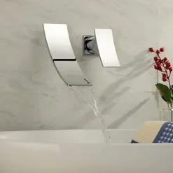 Bathroom Sink Faucet,Modern Style Stainless Steel Slide Shape Design Wall Mount Waterfall Chrome Single Handle Two Holes Bath Taps with Hot and Cold Switch and Valve