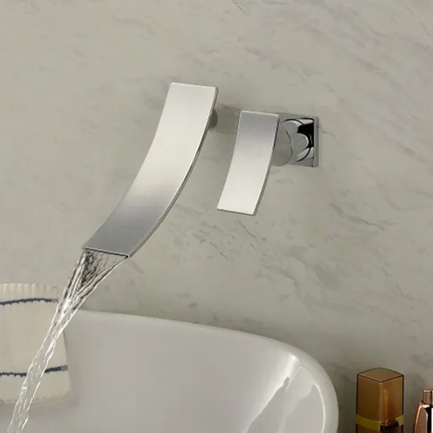 Bathroom Sink Faucet,Modern Style Stainless Steel Slide Shape Design Wall Mount Waterfall Chrome Single Handle Two Holes Bath Taps with Hot and Cold Switch and Valve