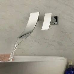 Bathroom Sink Faucet,Modern Style Stainless Steel Slide Shape Design Wall Mount Waterfall Chrome Single Handle Two Holes Bath Taps with Hot and Cold Switch and Valve