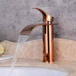 Bathroom Sink Faucet,Modern Style Single Handle Rose Golden One Hole Waterfall,Oil-rubbed Cooper with Drain and Brass Faucet Body with Hot and Cold Water and Pop-up Drain