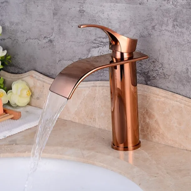 Bathroom Sink Faucet,Modern Style Single Handle Rose Golden One Hole Waterfall,Oil-rubbed Cooper with Drain and Brass Faucet Body with Hot and Cold Water and Pop-up Drain