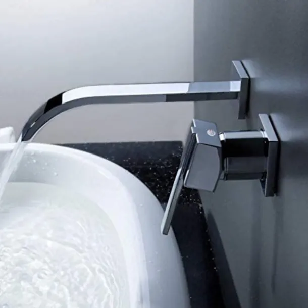 Bathroom Sink Faucets,Brass Waterfall Modern Style Wall Mount Single Handle Two Holes Chrome Finish Bath Tap with Cold and Hot Switch