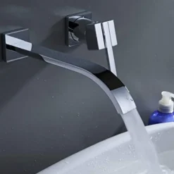 Bathroom Sink Faucets,Brass Waterfall Modern Style Wall Mount Single Handle Two Holes Chrome Finish Bath Tap with Cold and Hot Switch