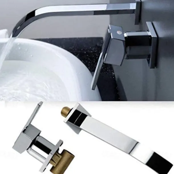 Bathroom Sink Faucets,Brass Waterfall Modern Style Wall Mount Single Handle Two Holes Chrome Finish Bath Tap with Cold and Hot Switch