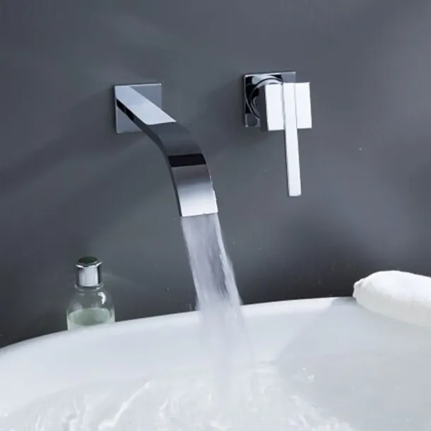 Bathroom Sink Faucets,Brass Waterfall Modern Style Wall Mount Single Handle Two Holes Chrome Finish Bath Tap with Cold and Hot Switch