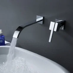 Bathroom Sink Faucets,Brass Waterfall Modern Style Wall Mount Single Handle Two Holes Chrome Finish Bath Tap with Cold and Hot Switch