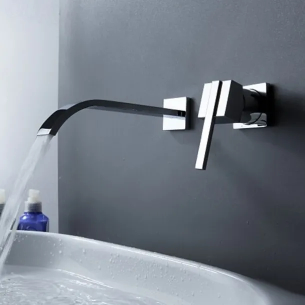 Bathroom Sink Faucets,Brass Waterfall Modern Style Wall Mount Single Handle Two Holes Chrome Finish Bath Tap with Cold and Hot Switch