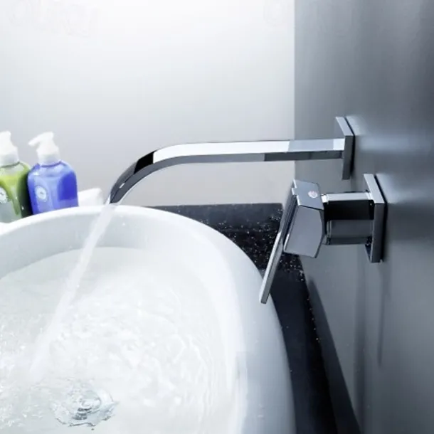 Bathroom Sink Faucets,Brass Waterfall Modern Style Wall Mount Single Handle Two Holes Chrome Finish Bath Tap with Cold and Hot Switch