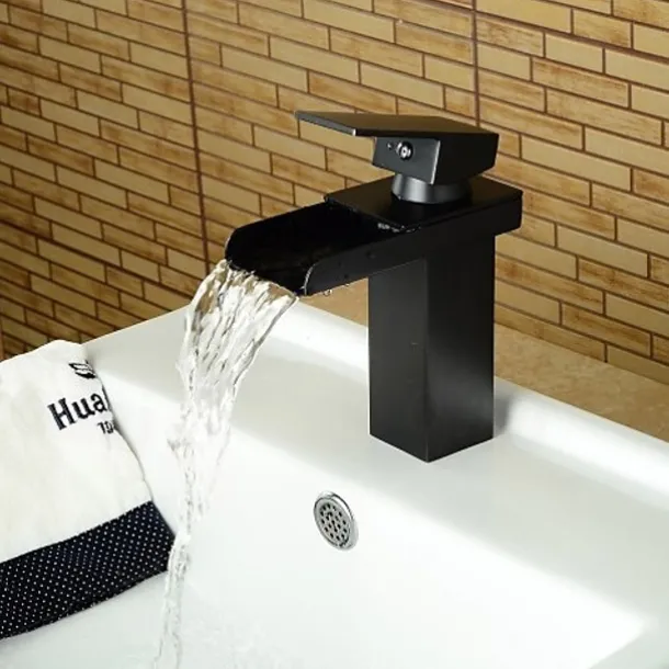 Bathroom Sink Faucet,Waterfall Oil-rubbed Bronze Centerset Widespread Single Handle One Hole Bath Taps with Hot and Cold Switch