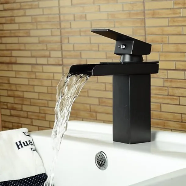 Bathroom Sink Faucet,Waterfall Oil-rubbed Bronze Centerset Widespread Single Handle One Hole Bath Taps with Hot and Cold Switch