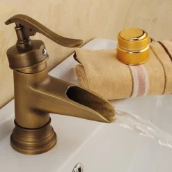 Bathroom Sink Faucet,Waterfall Antique Brass Single Handle One Hole Bath Taps with Hot and Cold Switch