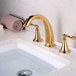 Bathroom Sink Faucet,Widespread Brass Two Handles Three Holes Bathroom Faucet with Valve and Hot/Cold Switch