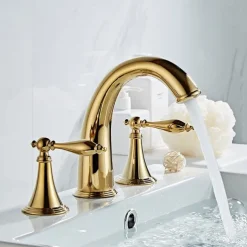 Bathroom Sink Faucet,Widespread Brass Two Handles Three Holes Bathroom Faucet with Valve and Hot/Cold Switch