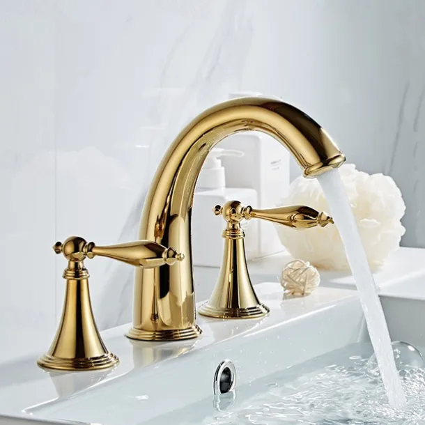 Bathroom Sink Faucet,Widespread Brass Two Handles Three Holes Bathroom Faucet with Valve and Hot/Cold Switch