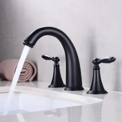 Bathroom Sink Faucet,Widespread Brass Two Handles Three Holes Bathroom Faucet with Valve and Hot/Cold Switch