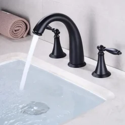 Bathroom Sink Faucet,Widespread Brass Two Handles Three Holes Bathroom Faucet with Valve and Hot/Cold Switch