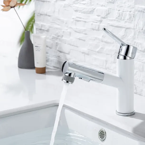 Bathroom Sink Mixer Faucet Pull Out Sprayer 2 Mode Spout with Stop Button, Single Handle Washroom Basin Taps Mono with Cold and Hot Hose Chrome Black Golden